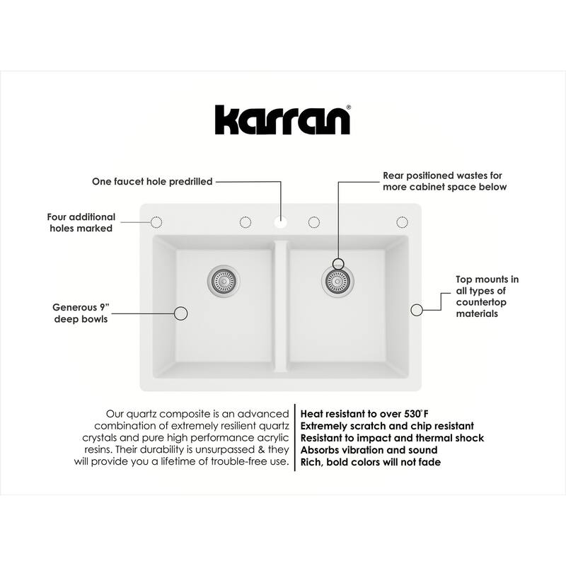 Karran 33" Top Mount Double Bowl 50/50 Quartz Kitchen Sink in White with Kitchen Faucet in Stainless Steel