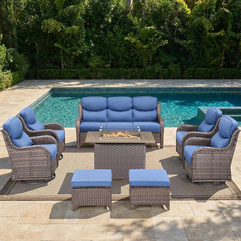 Pocassy Outdoor Fire Pit Sofa Swivel Chairs Ottoman Furniture Set - Brown Wicker Blue Cushion - 8-Piece Sofa Swivel Chair Ottoman w/ Fie Table