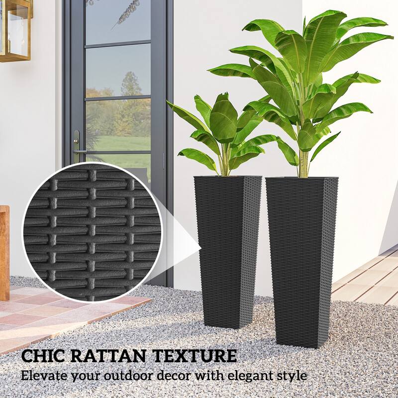 Outsunny 32 Inch Tall Planters for Outdoor Plants, Set of 2 Plastic Rattan-Like Flower Pots with Drainage Holes