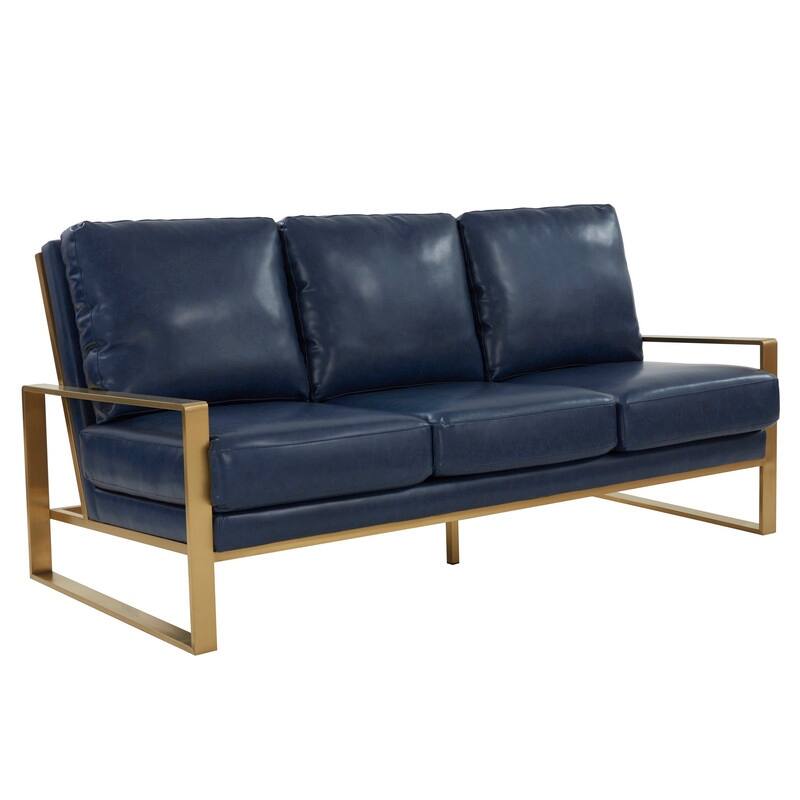 Jefferson Modern Leather Upholstered 3 Seater Loveseat Sofa Chair in Brushed Gold Steel Base with Armrest Removable Cushion - Navy Blue