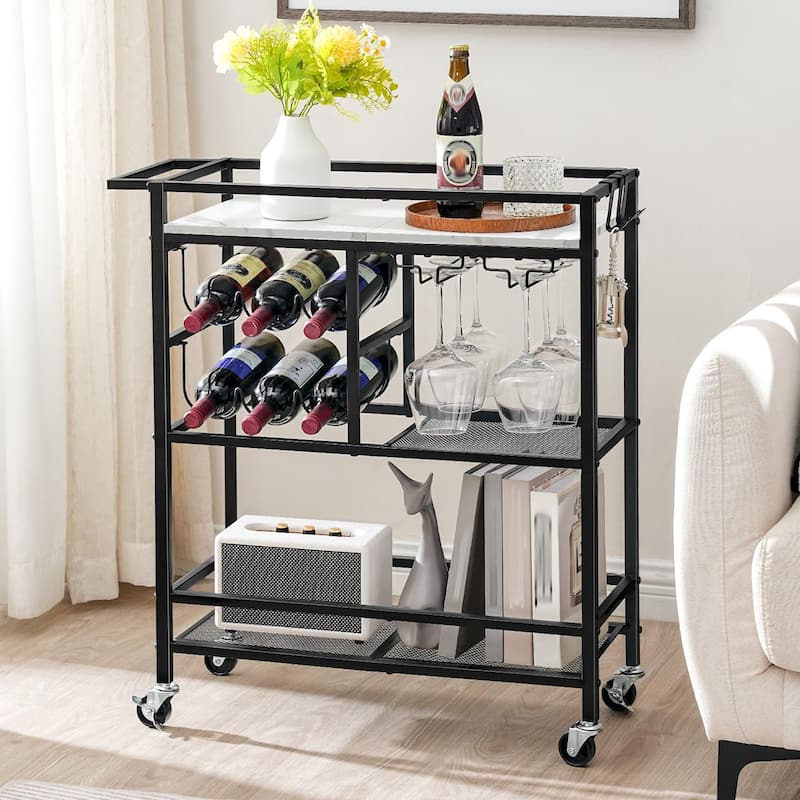 3-Tier Home Bar Serving Cart with Handle, Wine Rack, and Glass Holders