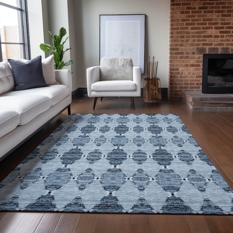 Machine Washable Indoor/ Outdoor Chantille Modern Boho Damask Rug - Blue - 5' x 7'6"