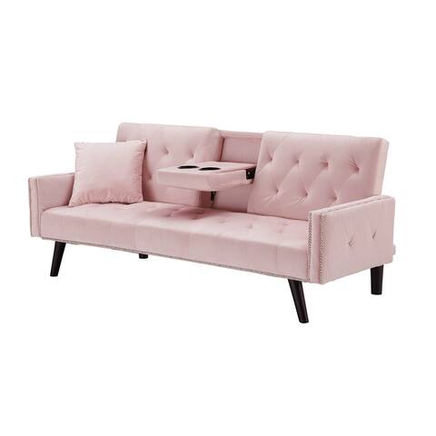 72" European style Sofa Bed VelvetConvertible Futon Sofa Adjustable Backrest Loveseat with Nail Head Trim and Two Cup Holders
