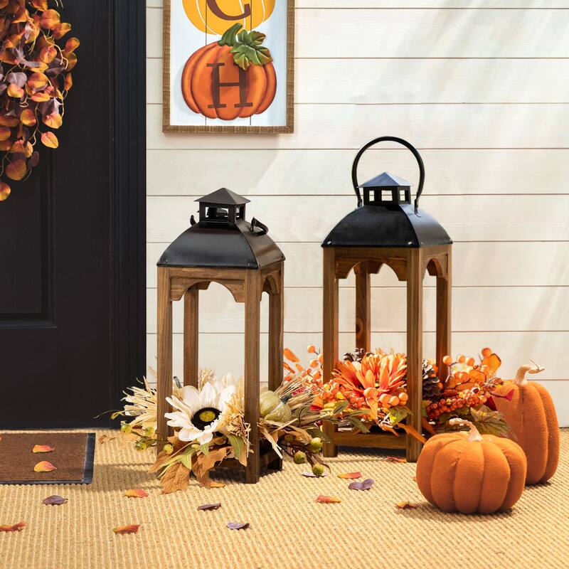 Glitzhome 20"H Fall Thanksgiving Pumpkin Sunflower Pine Cone Wooden Hanging Lantern Table Porch Decor