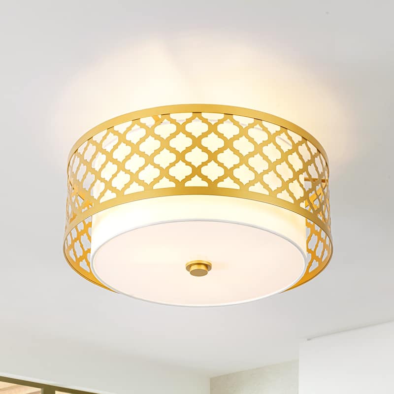 17.7" 3-light Modern Gold Drum Semi-Flush Mount Ceiling Light with Fabric Shade - 17.7 in. W x 9.7 in. H
