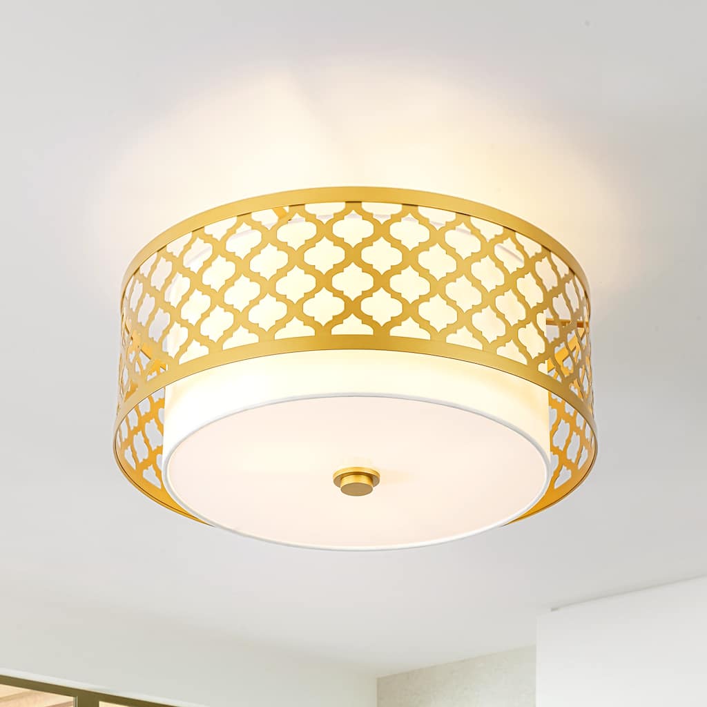 3-light Modern Gold Cylinder Drum Fabric Semi-Flush Mount Light - 17.7 in. W x 9.7 in. H