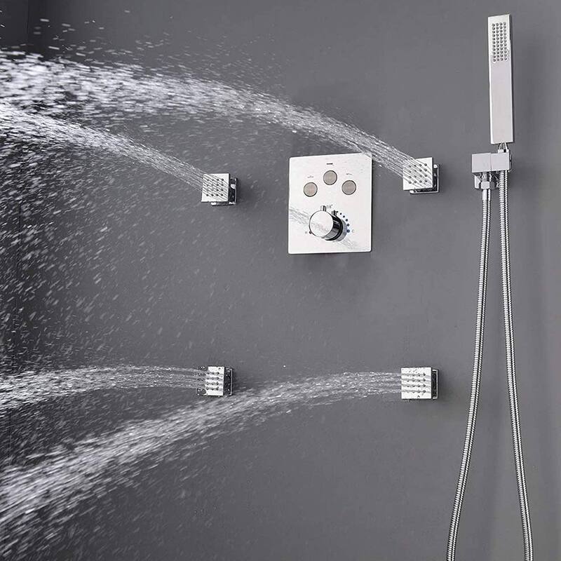 16" Ceiling Mount Rainfall 3 Way Thermostatic Faucet Shower System with 6 Body Jets