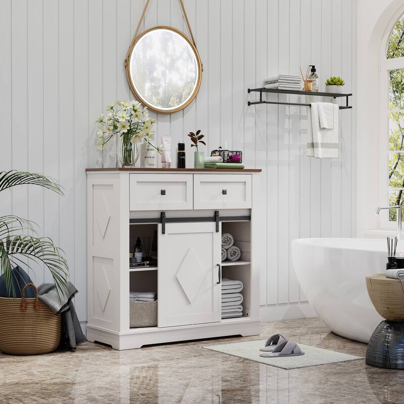 Coffee Bar Cabinet with Sliding Barn Door, Buffet Cabinet with Storage Shelves, Kitchen Sideboard with 2 Drawers