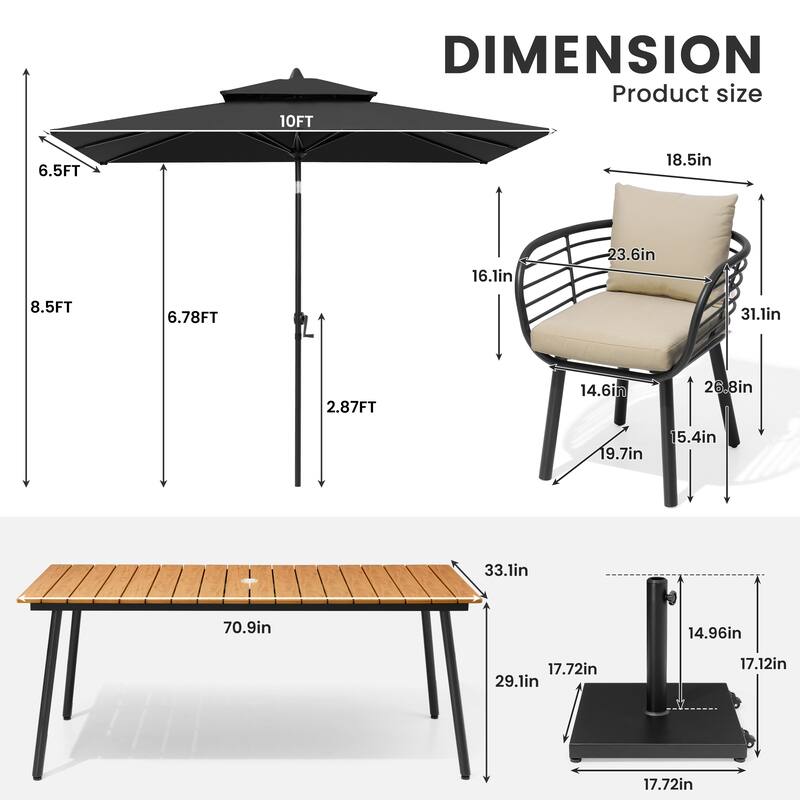 9-Piece Outdoor Patio Dining Set w/10 ft Umbrella and Base Aluminum Dining Table and Chairs with Sunbrella Cushion