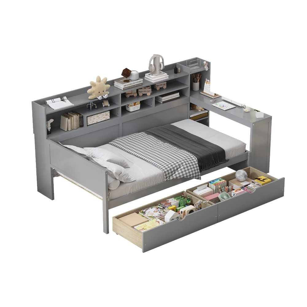 Twin Wooden Daybed with Storage Shelves, Multi-functional Bed with Two Storage Drawers and Study Desk