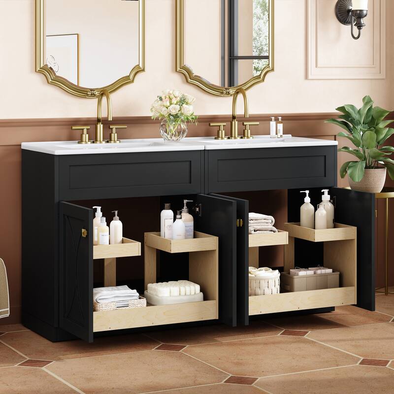 60"Bathroom Vanity with Ceramic Sink Combo, Modern Freestanding Storage Cabinet with Gold Handles, Soft Closing Doors