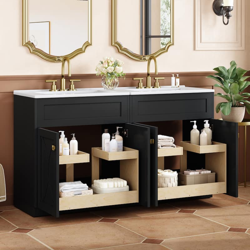 60'' Bathroom Vanity With Ceramic Sink Combo, Modern Freestanding Storage Cabinet With Gold Handles,Soft Closing Doors