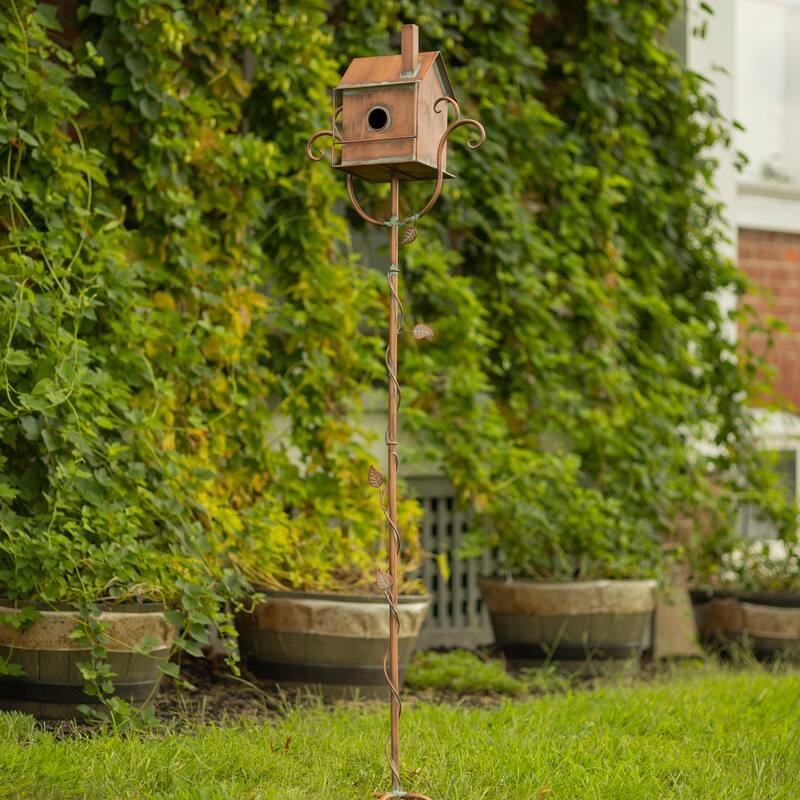 63" Tall Colonial Style Birdhouse Garden Stake in Antique Copper