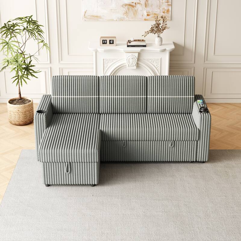 Pull-Out Sofa Bed with Storage Chaise, USB Port, and Cup Holders - 3-Seater Sleeper Couch