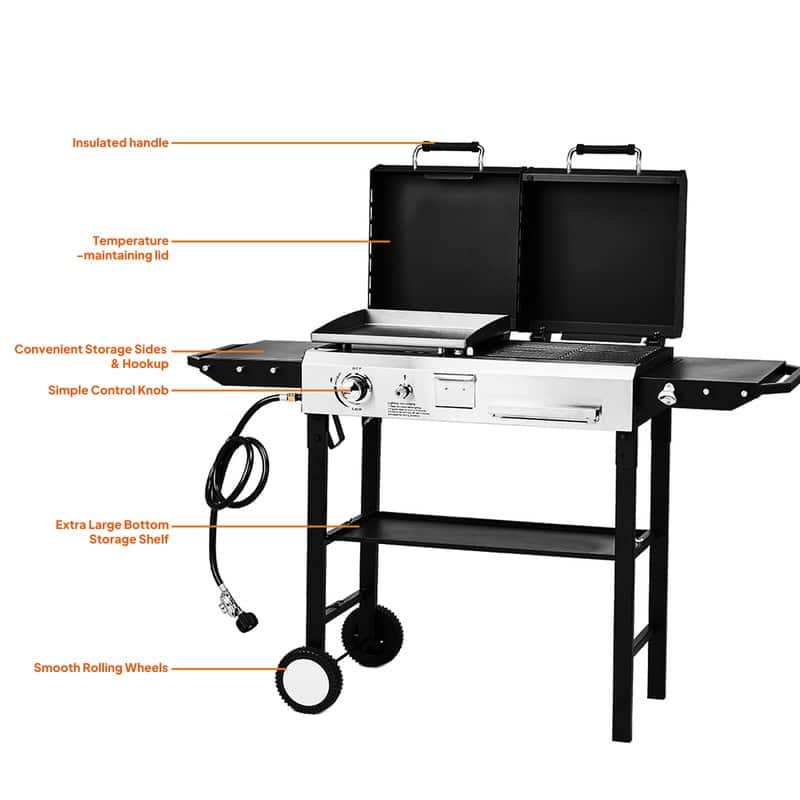 2-In-1 Propane Gas Grill And Charcoal Grill Combo 12000btu Flat Top Griddle & Charcoal BBQ Grill With Lid - N/A