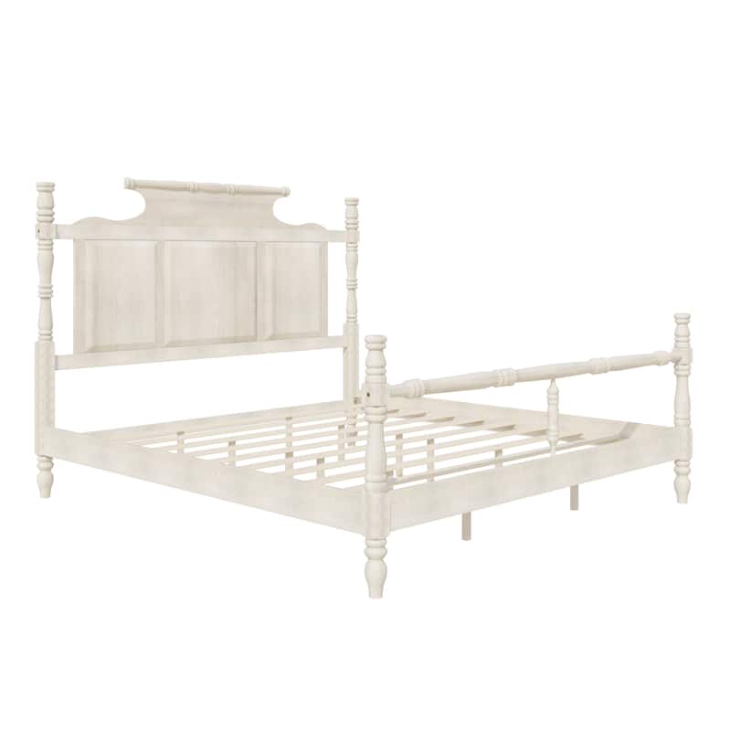 Vintage Country Style Queen/King Platform Bed with 56.9" High Crown-like Headboard, Wood Four-Post Bed Frame w/Distressed Finish