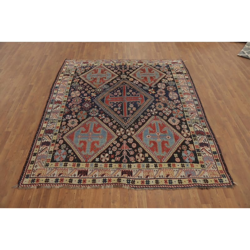 Hand Knotted Oriental 100% Wool Carpet Traditional Tribal Navy Blue & Blues Shiraz Area Rug - 8' 3'' X 7' 2''