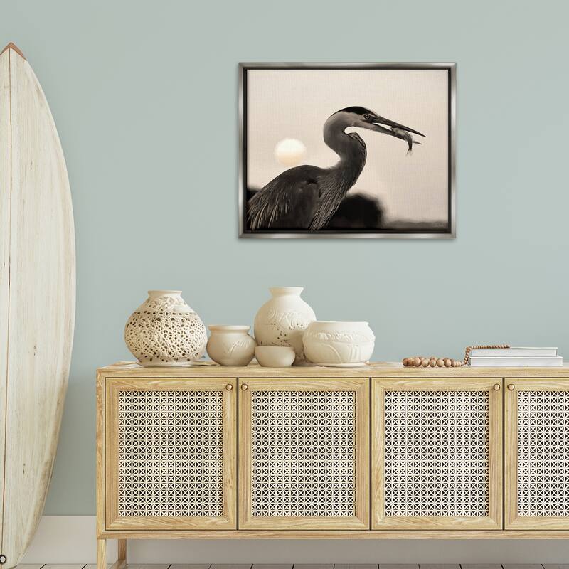 Stupell Heron Feeding on Fish Framed Floater Canvas Wall Art Design By Lori Deiter