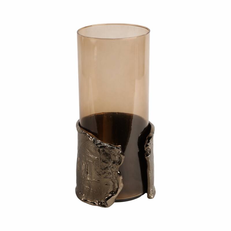 Candle Holder - Brown Glass with Metal Wraparound