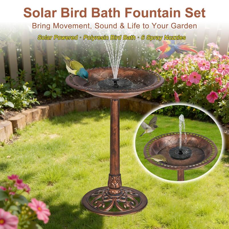 Javlergo 28" Pedestal Outdoor Bird Bath with Solar Powered Fountain for Outside Vintage Bronze Polyresin Lightweight