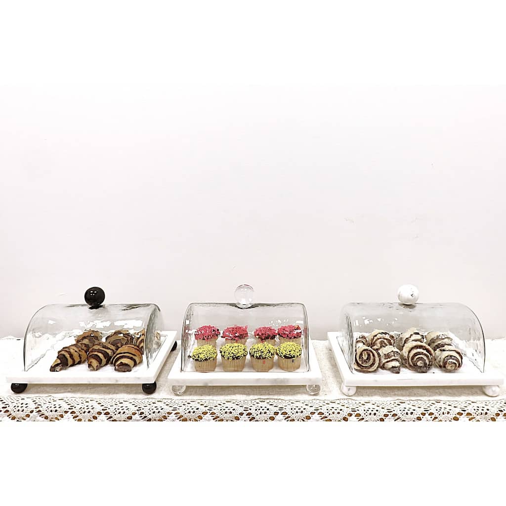 Marble Cake Plater with Glass Cover with Clear Ball Knob - 10.4"L