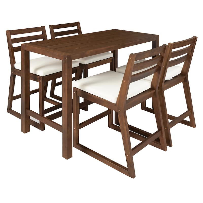 Rustic Patio Bar Set, 5-Piece Outdoor Furniture with Ergonomic Chairs and Solid Wood Tabletop - Mocha