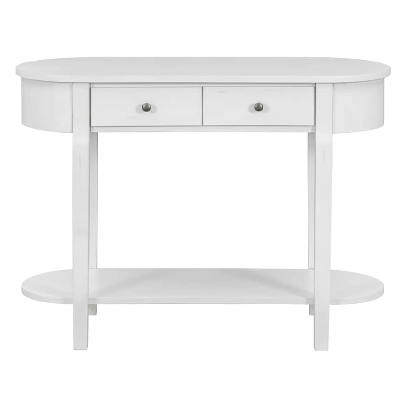 Solid Wood Narrow Console Table with Curved Top Design, 40" Storage Entryway Sofa Table with 2 Drawers and Open Shelves - Antique White