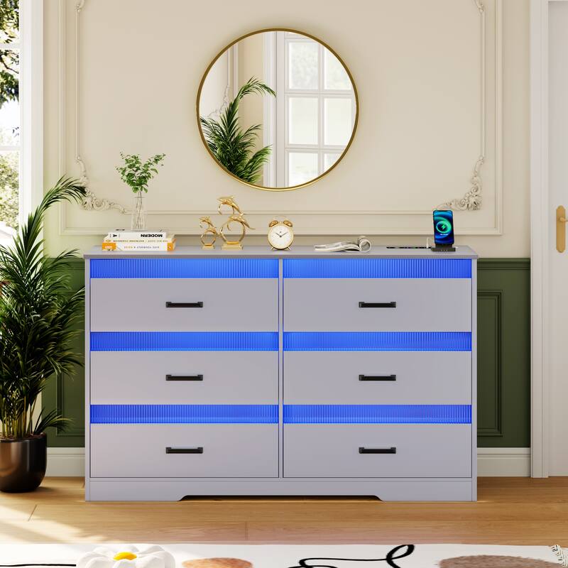 6 Drawers Dresser With LED Light and USB Port