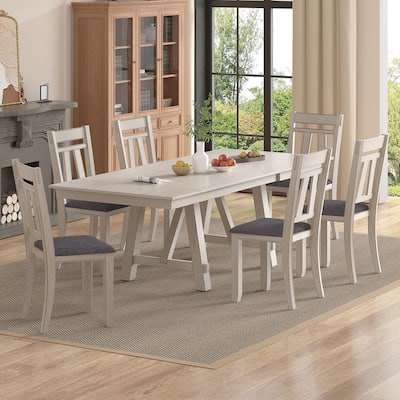 VECELO 7-Piece Dining Table Set, Solid Wood Rectangular Extendable Dining Table & Solid Wood Dining Chairs