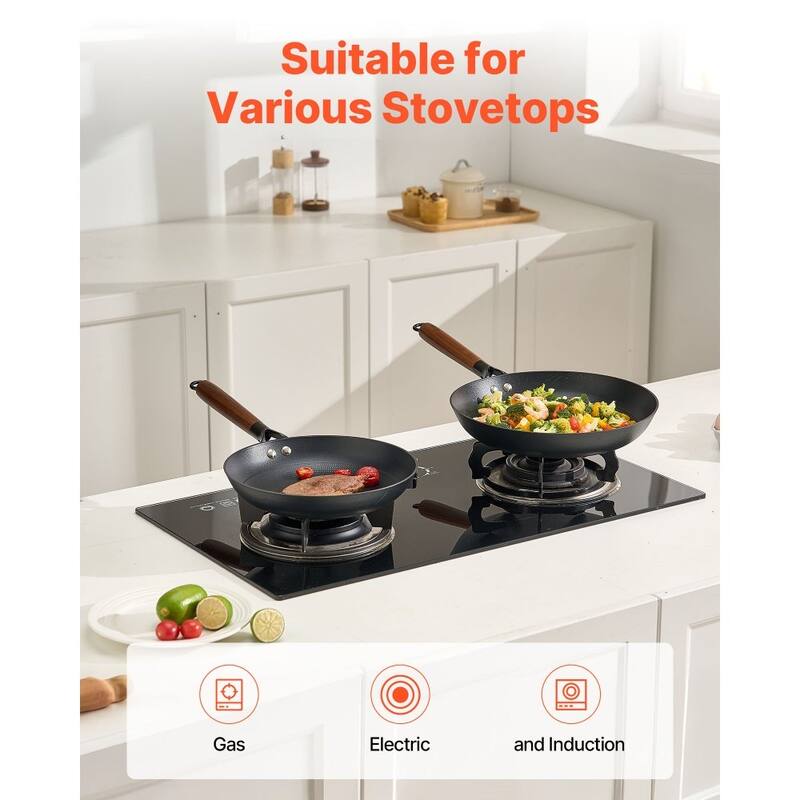 3-Piece Black Cast Iron Frying Pan Set with Detachable Wood Handle for Even Heat Cooking - Large Pan Size: 22 x 12 x 4 in