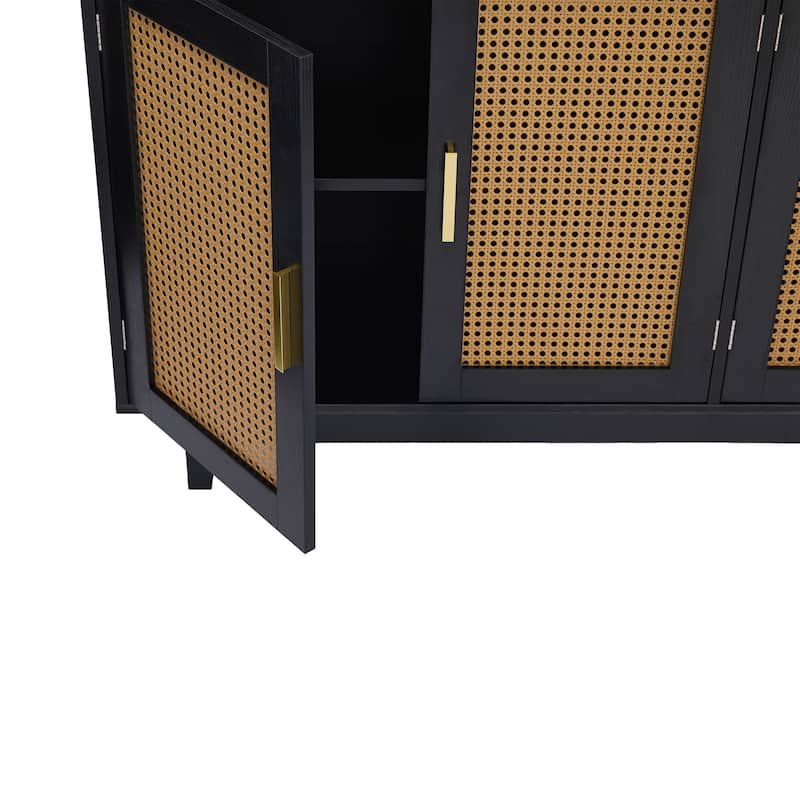 Modern 4 Door Wood Rattan Buffet Sideboard Storage Cabinet