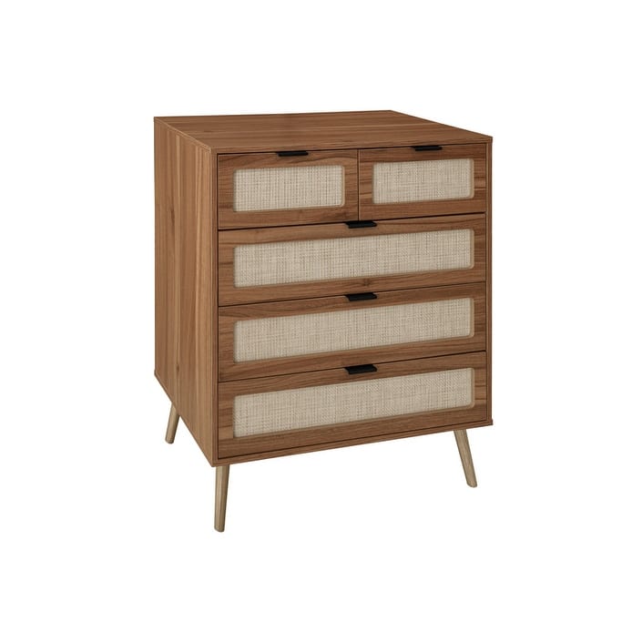 Accent Storage Cabinet with 5 Drawers and Rattan Surface,Suitable for Living Room, Bedroom
