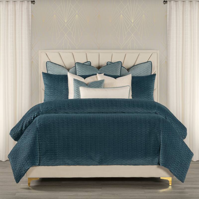 The Great Gatsby Velvet Wave Pleated Duvet & Insert Set - Bay Blue - California King - 10 Pieces or More