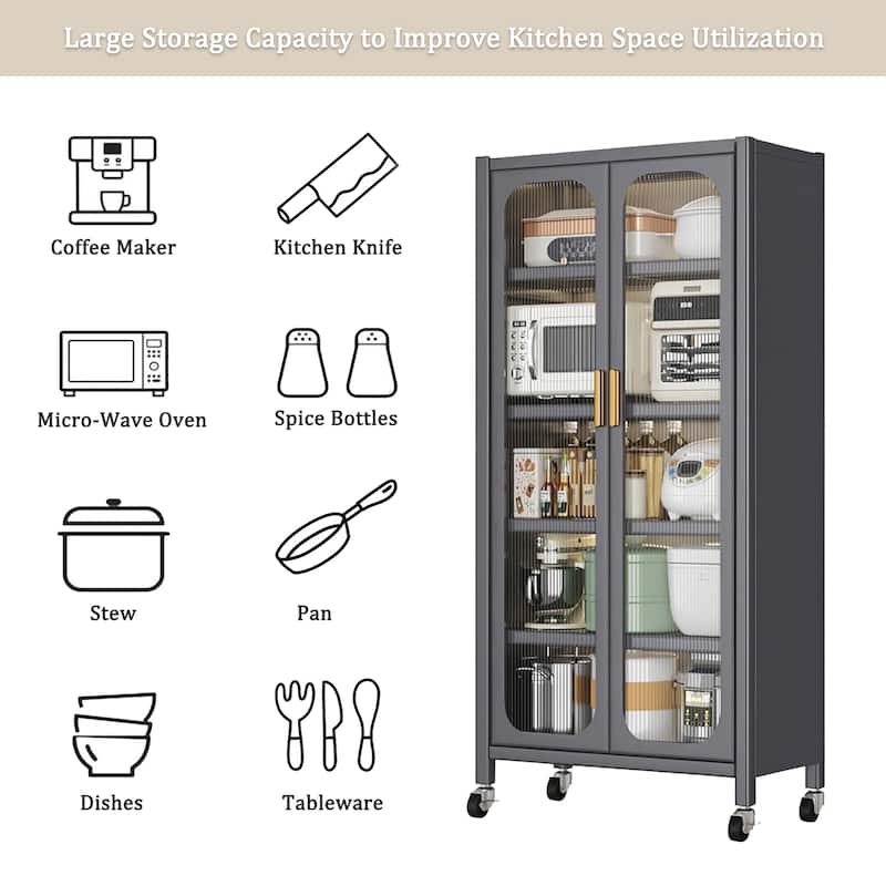 Anmytek 65" Gray Freestanding Kitchen Pantry Cabinet with Wheels, Adjustable Shelves and Transparent Doors