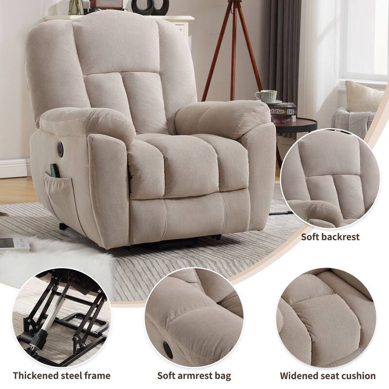 Grey Electric Power Lift Recliner Chair featuring Heat, Massage, Infinite Positions, USB Charging, and Side Storage