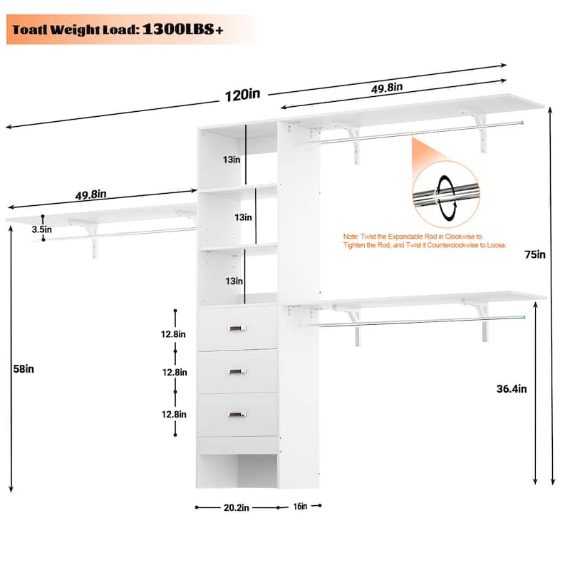Rackcog 120'' Adjustable Closet Organizer with Drawers, Closet System with DIY Shelves for Reach-in and Walk-in Closet
