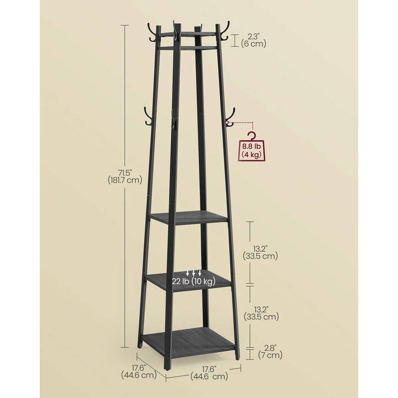 Modern Farmhouse Coat Rack with 3 Rustic Wood Shelves and 8 Hooks for Entryway Storage - 70.9'' H x 16.9'' W x 16.9'' D
