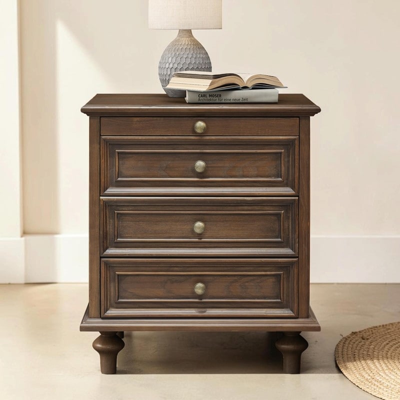 4-Drawer Farmhouse Nightstand, Wooden Storage Side End Table with Hidden Pull-Out Shelf, Wood Legs and Metal Pull Handles