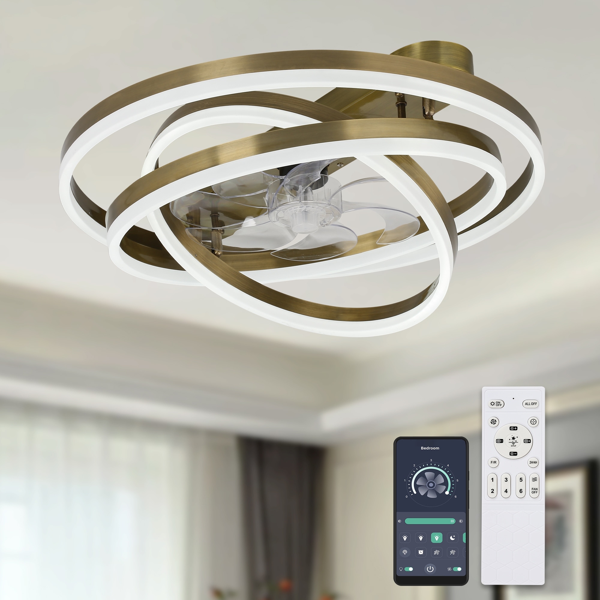 Cusp Barn Modern 24-In Modern DIY Shape Ceiling Fan with Lights, Low Profile Flush Mount DC Motor Dimmable LED Ceiling Light