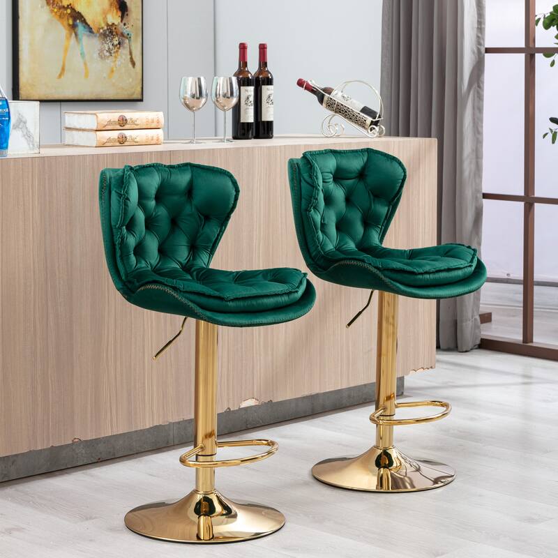 2 Velvet Bar Stools with Chrome Footrest and Base Swivel Height Adjustable - N/A