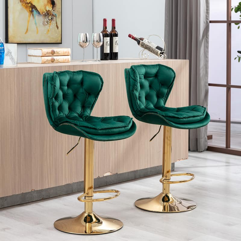 Swivel Height Adjustable Velvet Bar Stools Set of 2,with Golden Footrest and Base - Green