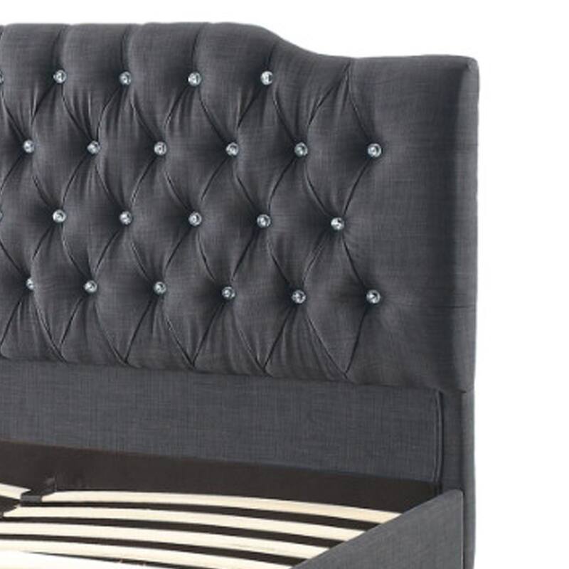 Magnificent Wooden Queen Bed With Polyfiber Tufted Head Board, Blue Gray