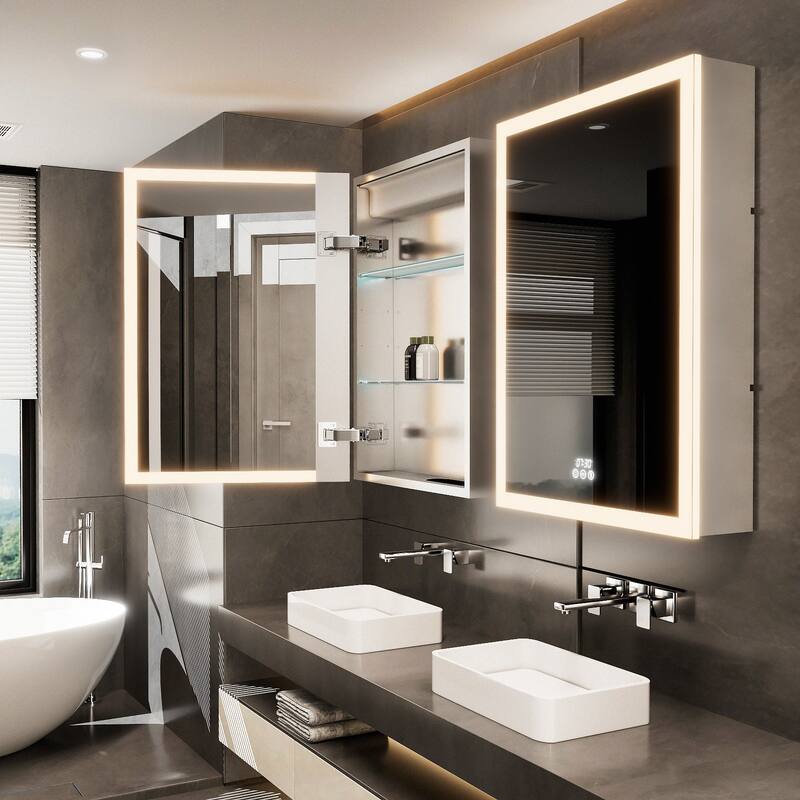 Full-frame LED-lit Medicine Cabinet with Mirrors, Defogger, Clock, Temperature