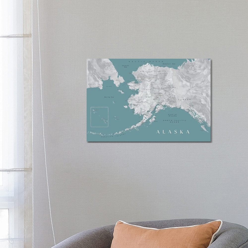 iCanvas "Gray And Teal Watercolor Detailed Map Of Alaska" by blursbyai Canvas Print
