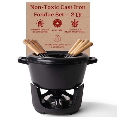 Alva Nori Enameled Cast Iron Fondue Pot Set & 8 Forks - Non-Toxic, Naturally Nonstick