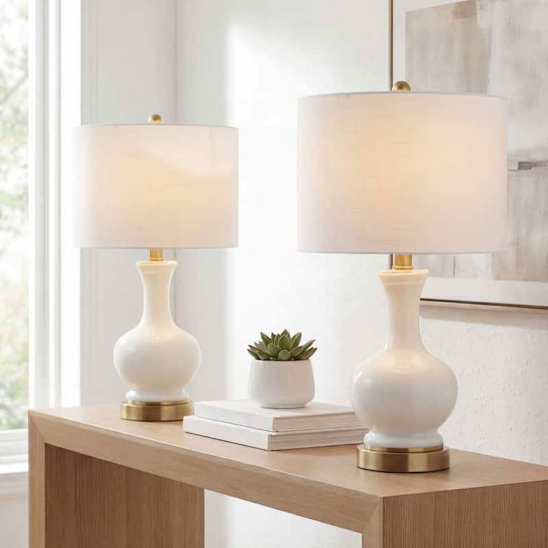 Vermont 22" Glass/Metal LED Table Lamp, White (Set of 2) by JONATHAN Y - White/Brass Gold/White