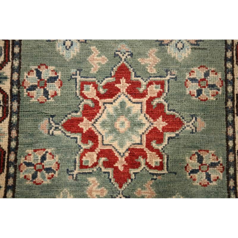 Green Geometric Kazak Oriental Runner Rug Handmade Wool Carpet - 2'2" x 5'11"