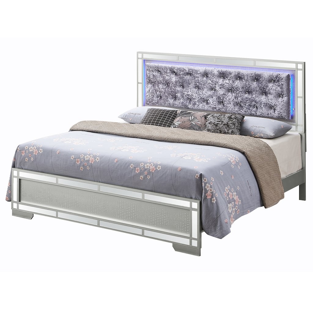 LED Lighted Velvet Tufted Queen Panel Bed - 85" - Silver Champange Finish