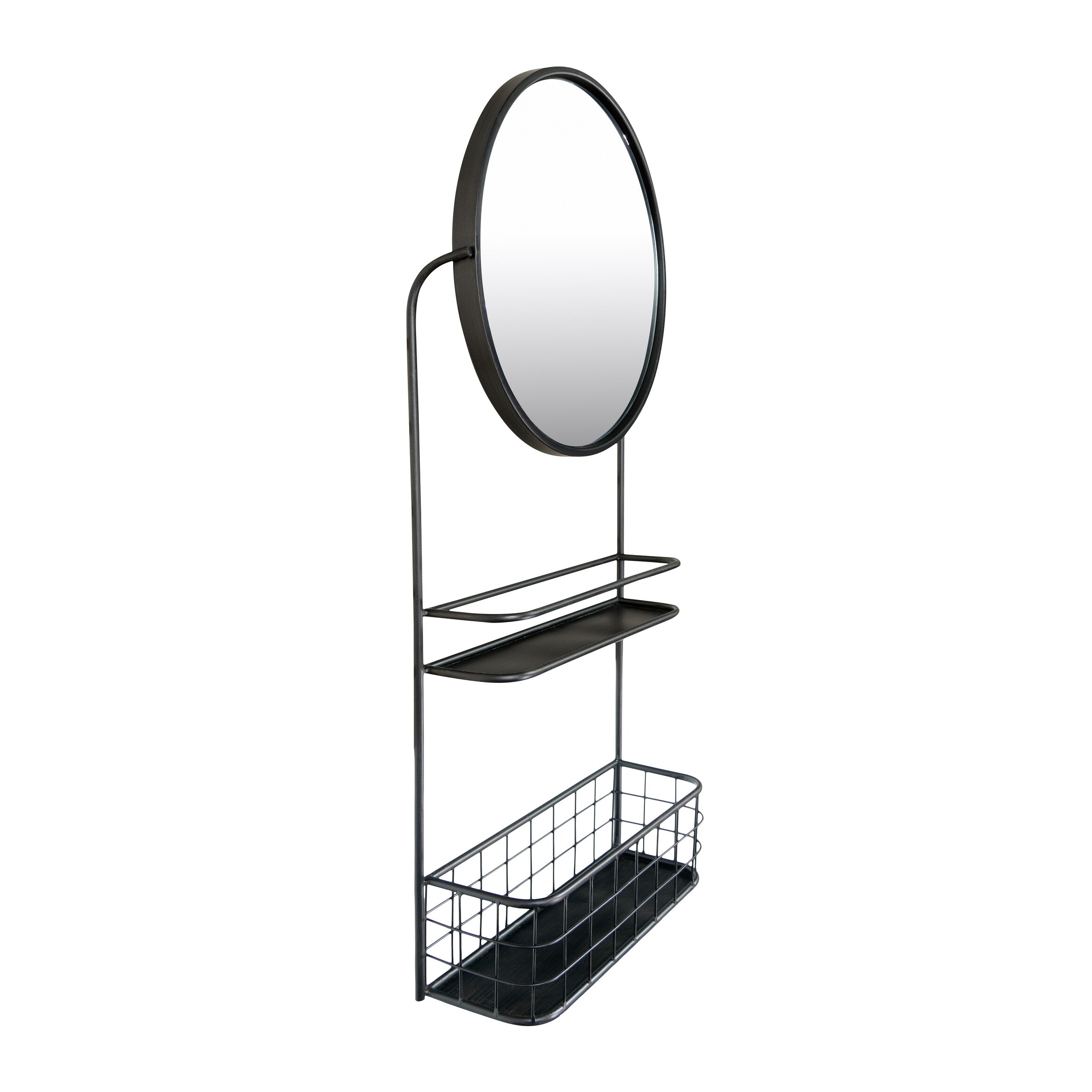 Shop Round Metal Wall Mirror With Basket Center Shelf Black On Sale Overstock 31283603