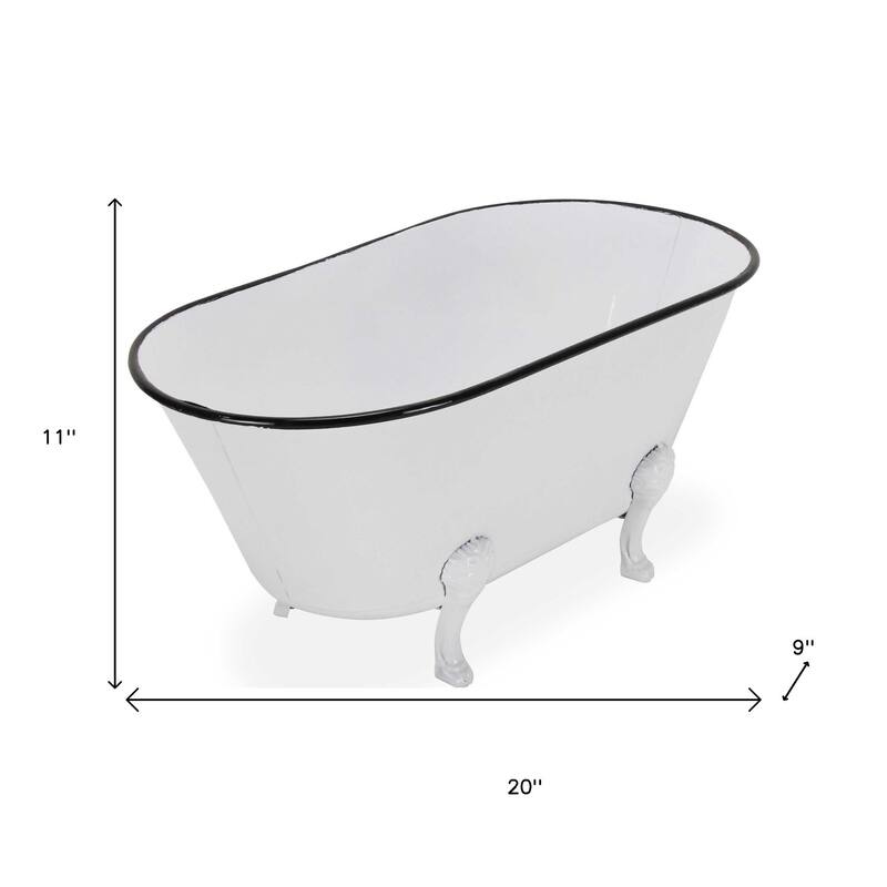 HomeRoots 9" White White And Black Metal Hand Painted Decorative Tub - 20.00 in. x 9.00 in. x 11.00 in.